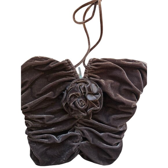 Entro Women’s Velvet Ruched V-Neck Halter Neck Bodysuit Brown Flower Size Medium - Picture 9 of 9